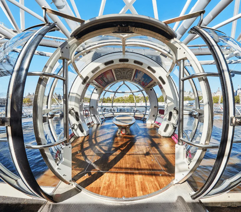 Inside a glass passenger capsule on the London Eye